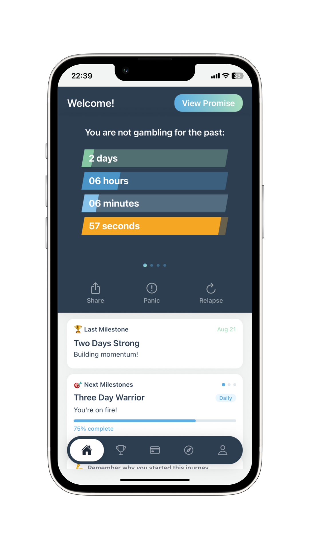 Nogambling app streak tracker showing real-time gambling sobriety counter